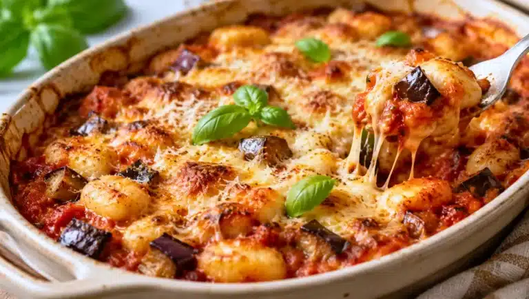 Gratin de gnocchis aux aubergines, sauce tomate, mozzarella fondue et parmesan, servi chaud dans un plat gratiné.
