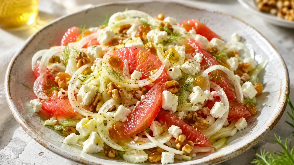Salade de fenouil finement émincé avec pamplemousse, feta, noix, raisins secs et filet d’huile d’olive.
