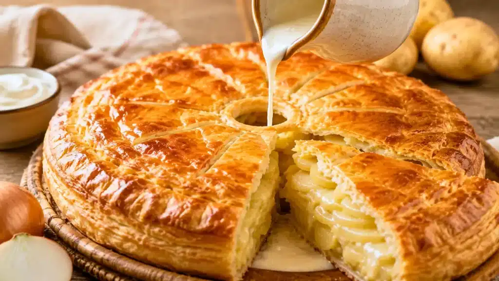 Pâté aux pommes de terre du Bourbonnais en pâte feuilletée avec crème fraîche versée par la cheminée