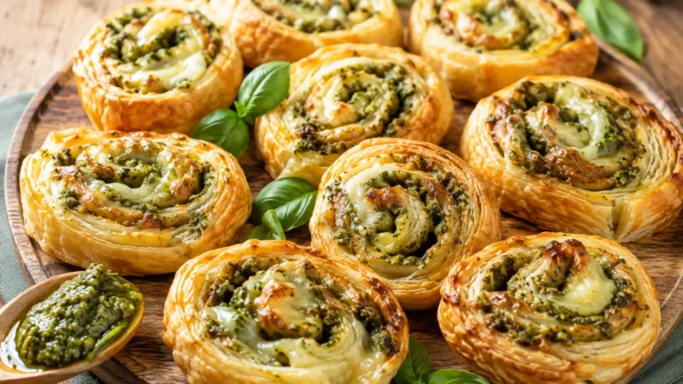 Feuilletés roulés au pesto et à la mozzarella, dorés et croustillants, servis sur un plateau en bois avec du basilic frais.