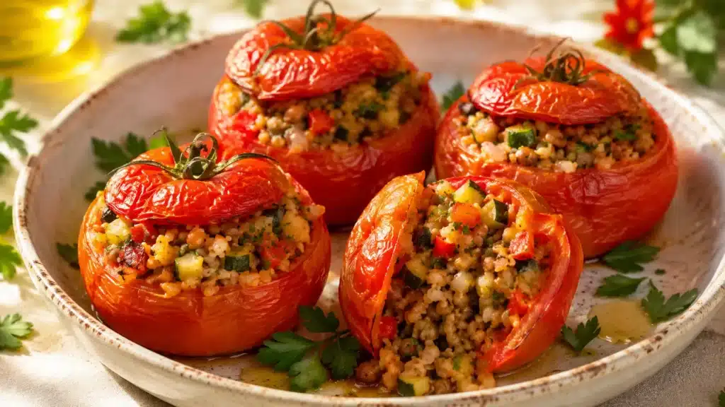 Tomates farcies végétariennes aux céréales, courgette, poivron et persil, cuites au four dans un plat.
