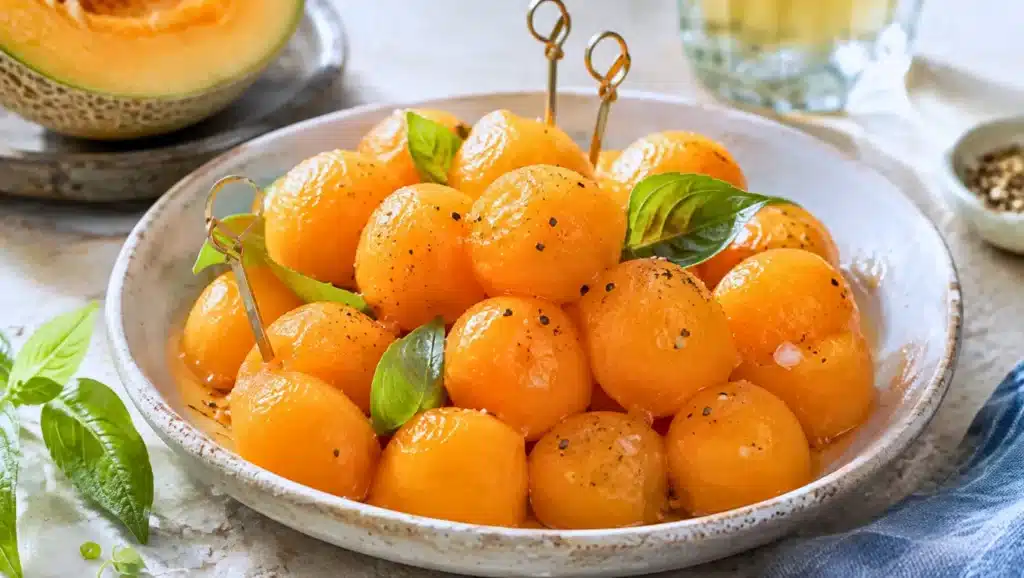 Billes de melon bien fraîches assaisonnées au pastis glacé, au poivre noir et au basilic, servies en bouchée d’apéritif dans une assiette claire.