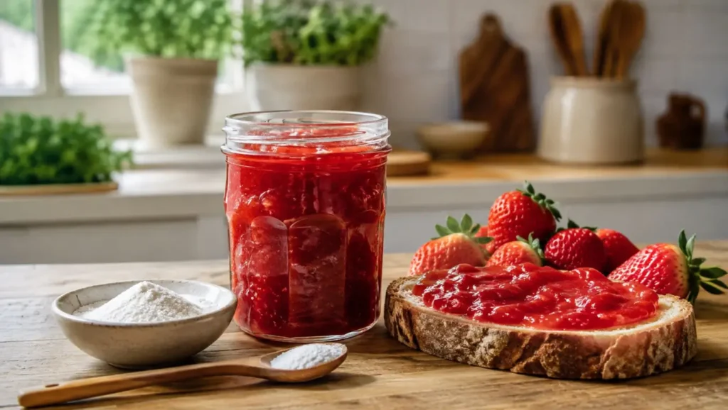Pot de confiture de fraises maison moins sucrée avec agar-agar, fraises fraîches et tartine de pain