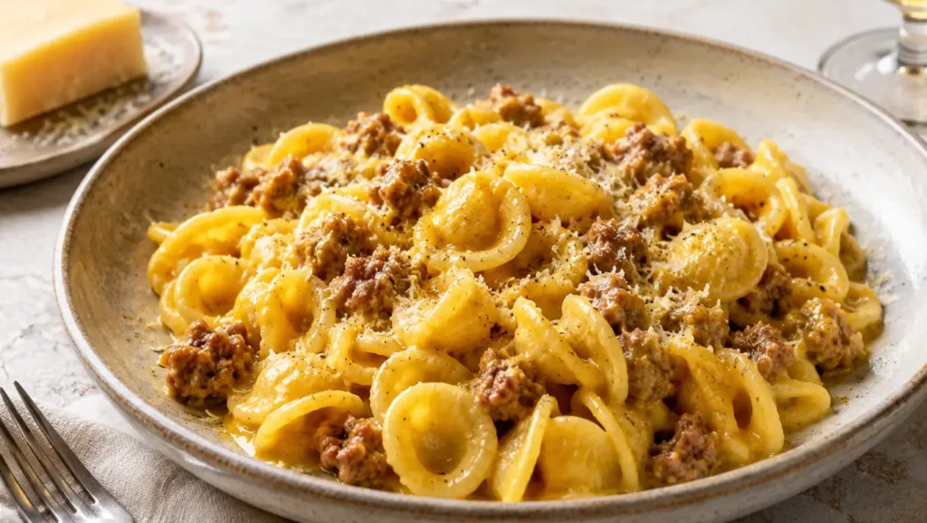 Assiette d’orecchiette à la chair à saucisse, crème au safran et parmesan, servies dans un style trattoria italienne.