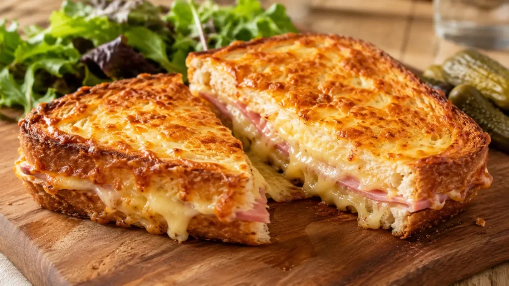 Croque-monsieur à la poêle coupé en deux, avec pain doré, jambon et fromage fondu filant.
