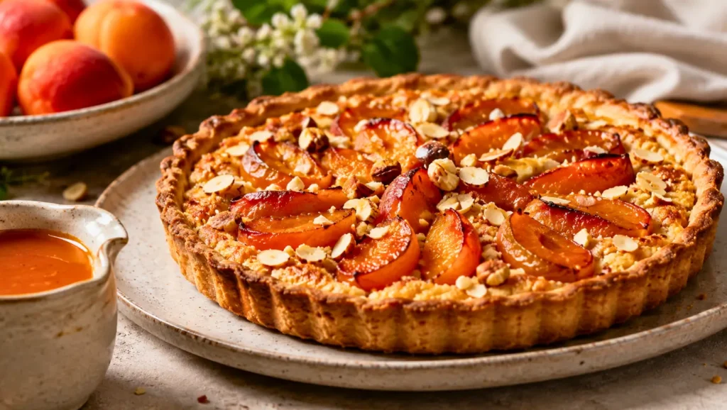Tarte amandine aux abricots sur pâte croustillante, garnie de crème d’amande fondante, de quartiers d’abricots rôtis et d’éclats d’amandes, servie avec un coulis d’abricot.