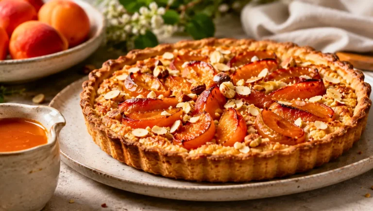 Tarte amandine aux abricots sur pâte croustillante, garnie de crème d’amande fondante, de quartiers d’abricots rôtis et d’éclats d’amandes, servie avec un coulis d’abricot.