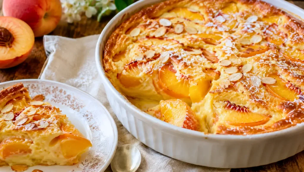 Gratin sucré aux pêches jaunes, poudre d’amande et fleur d’oranger