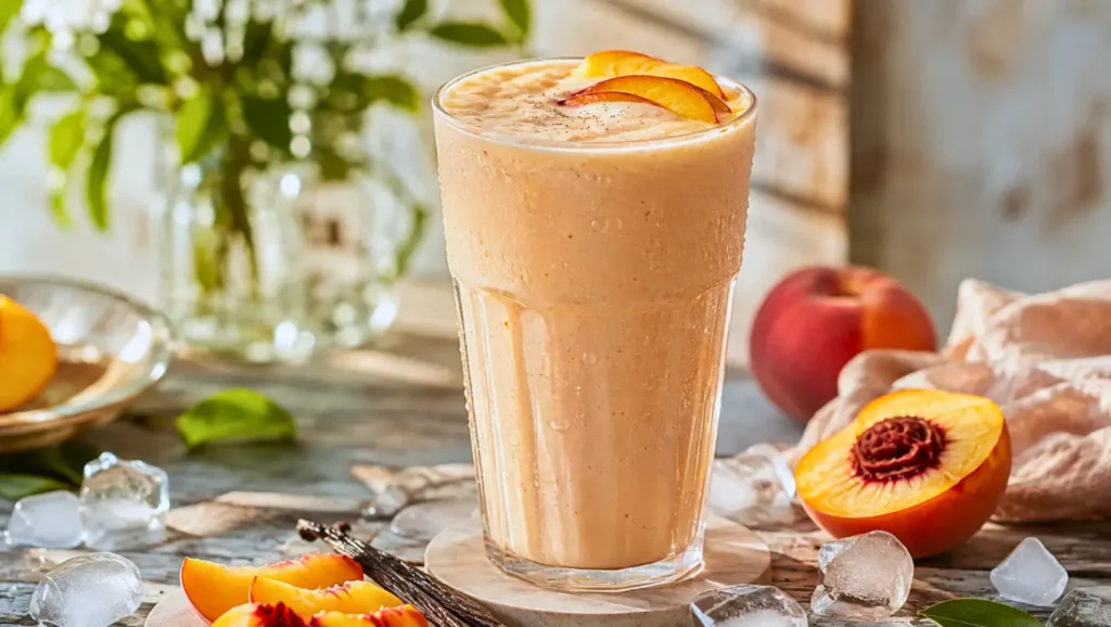 Milkshake pêche-vanille bien froid servi dans deux verres, avec morceaux de pêche fraîche, texture onctueuse et ambiance estivale gourmande.