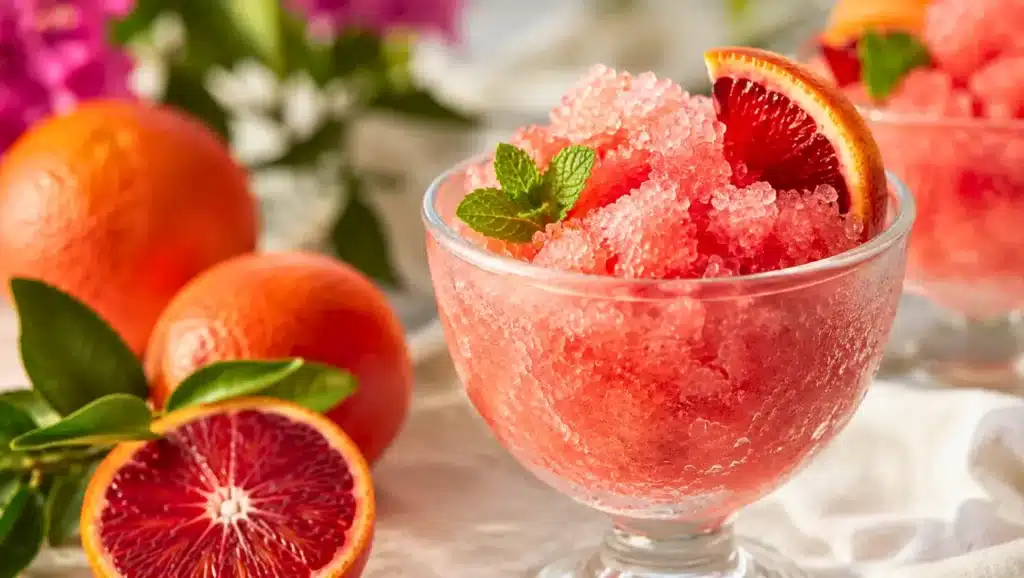 Granita sicilienne rose aux agrumes, servie dans une coupe en verre avec menthe fraîche et quartier d’orange sanguine.