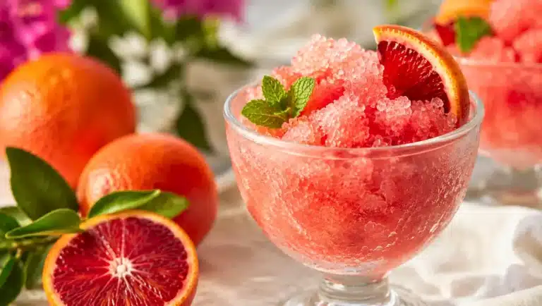 Granita sicilienne rose aux agrumes, servie dans une coupe en verre avec menthe fraîche et quartier d’orange sanguine.