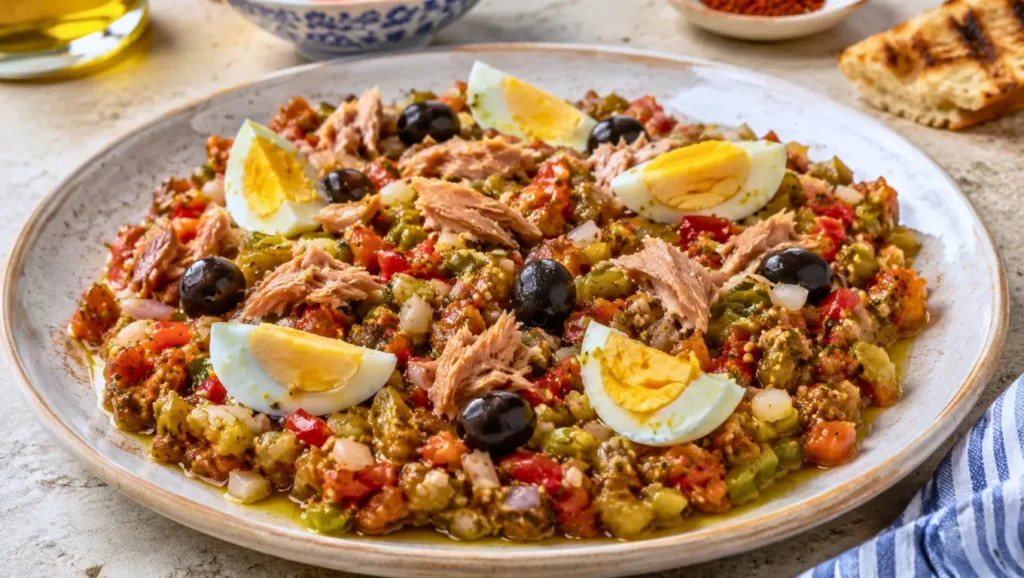 Slata méchouia tunisienne aux poivrons et tomates grillés, garnie de thon, œufs durs et olives noires.