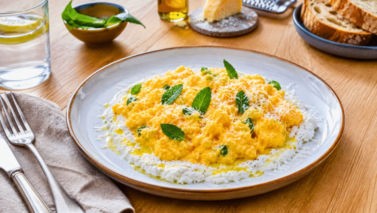 Œufs brouillés crémeux à la menthe servis sur ricotta fraîche avec pecorino râpé