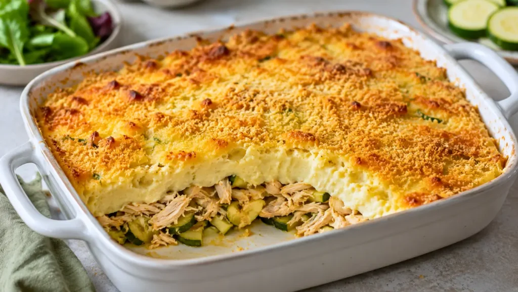 Parmentier de courgette au poulet effiloché, recouvert d’une purée à la ricotta et gratiné à la chapelure.