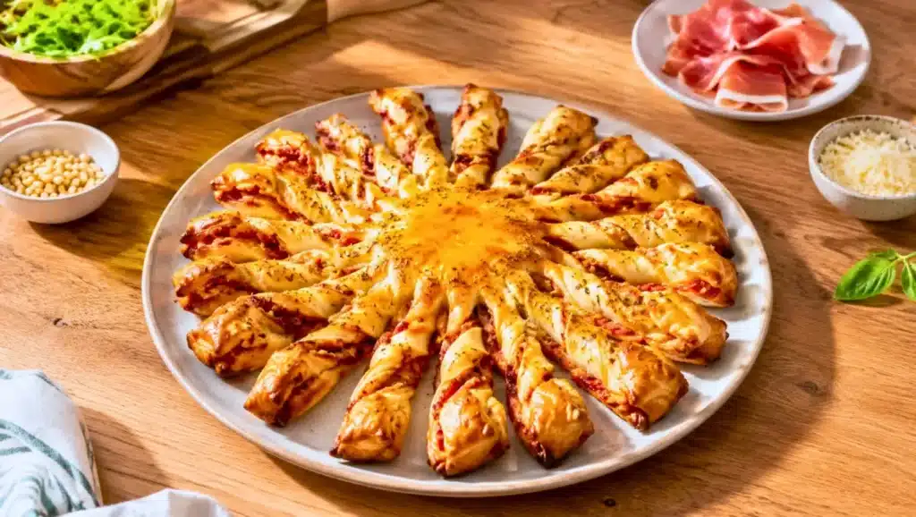 Soleil feuilleté doré au pesto rosso, jambon cru et parmesan servi sur une table en bois.