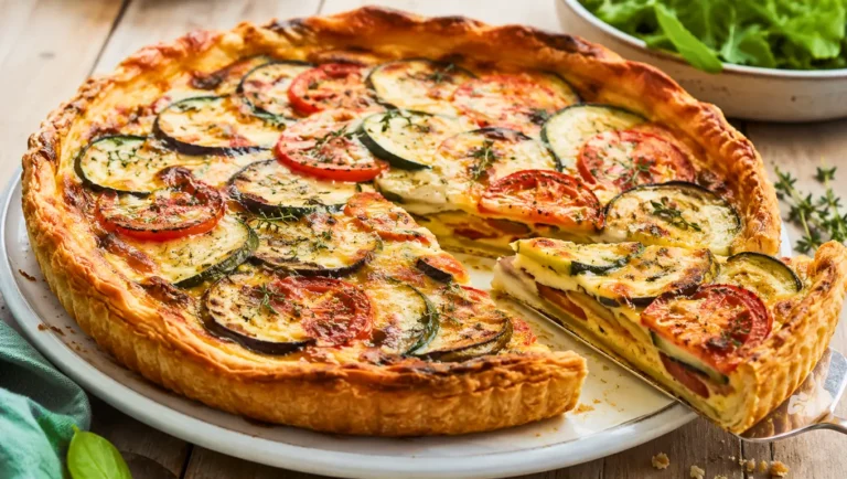 Quiche façon ratatouille aux tomates, courgettes et aubergines, gratinée au gruyère sur une pâte feuilletée dorée.