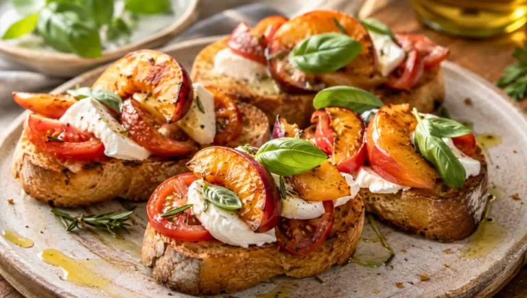 Bruschette de pain de campagne grillé garnies de tomates, mozzarella, pêches rôties au romarin et basilic frais.