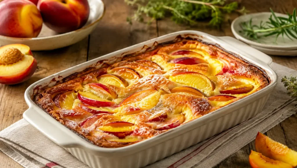Clafoutis doré aux pêches et nectarines dans un plat en céramique.