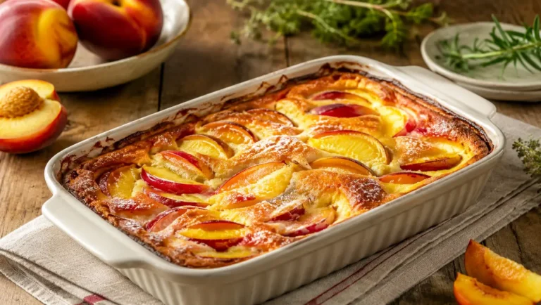 Clafoutis doré aux pêches et nectarines dans un plat en céramique.