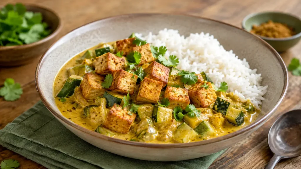Curry crémeux de courgettes au lait de coco avec tofu doré et riz basmati.