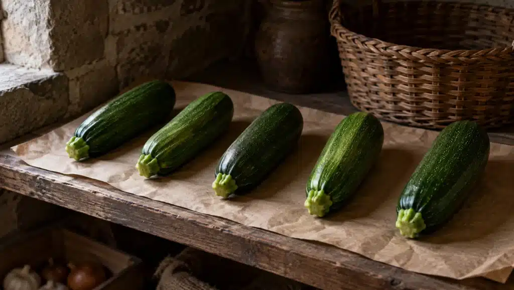 Courgettes fraîches rangées côte à côte sur une étagère en bois d'un cellier, sur du papier kraft
