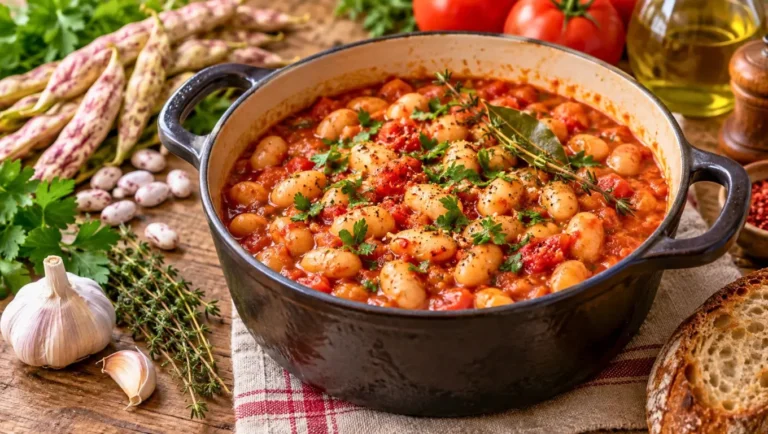 Cocos de Paimpol mijotés dans une sauce tomate avec persil et aromates.