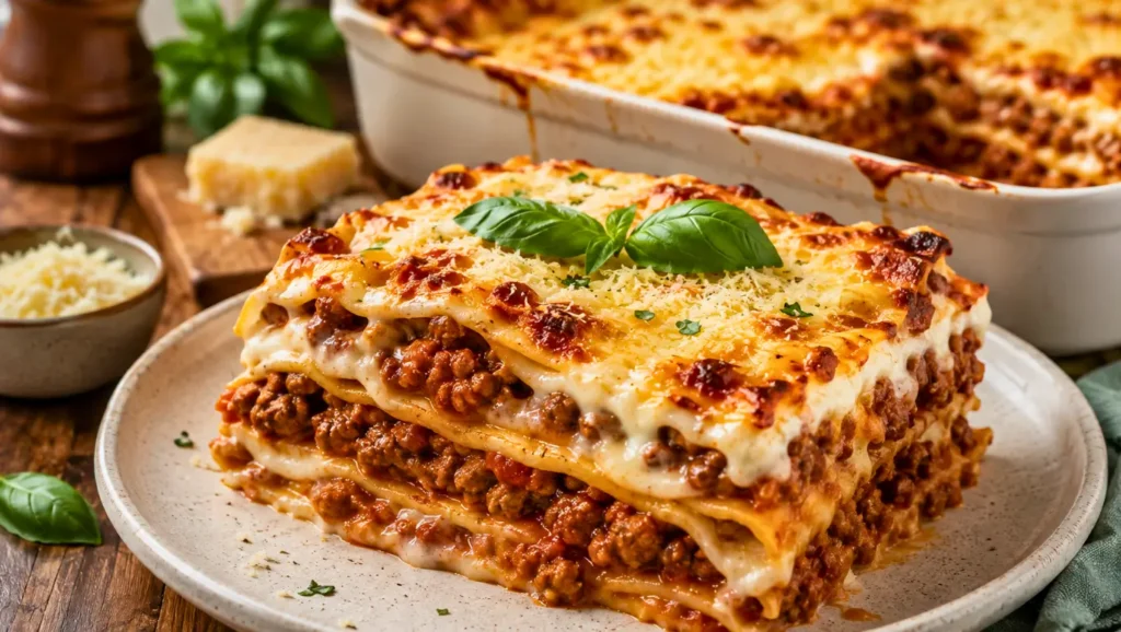 Lasagnes à la bolognaise et béchamel au parmesan gratinées au four