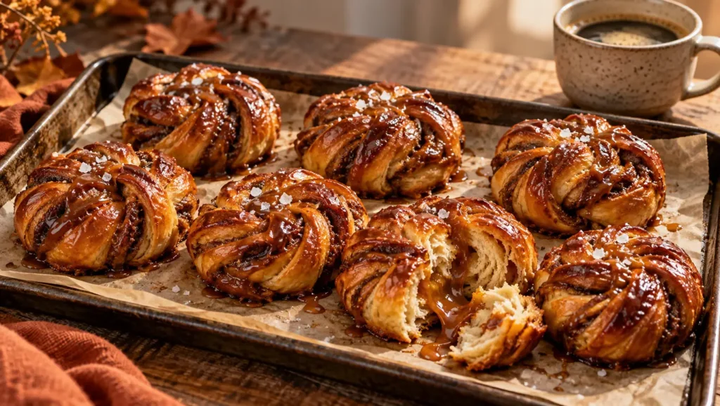 Mini babkas tressées et dorées au caramel beurre salé avec fleur de sel sur une plaque de cuisson