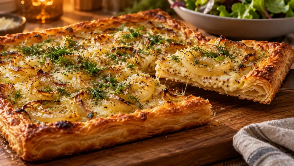 Tarte feuilletée aux oignons dorés, crème moutardée, parmesan et aneth frais sur une planche en bois