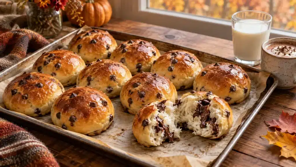 Brioches maison aux pépites de chocolat dorées sur une plaque, l'une ouverte sur une mie filante