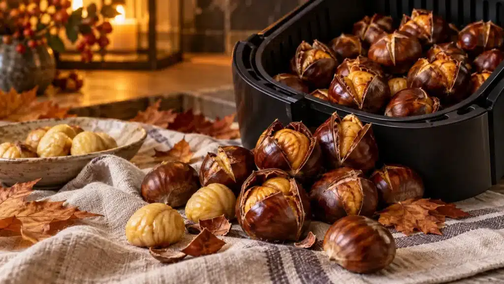 Châtaignes grillées incisées en croix dans le panier d'une friteuse à air, torchon et feuilles d'automne
