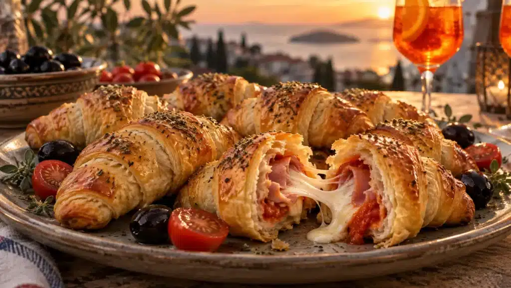 Mini croissants feuilletés façon pizza, l'un ouvert sur la mozzarella filante, tomates cerises et olives