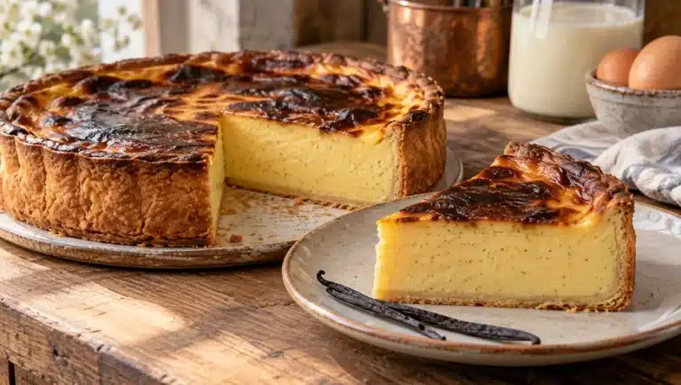 Flan pâtissier à la vanille au dessus caramélisé, part coupée montrant la crème épaisse et la gousse de vanille