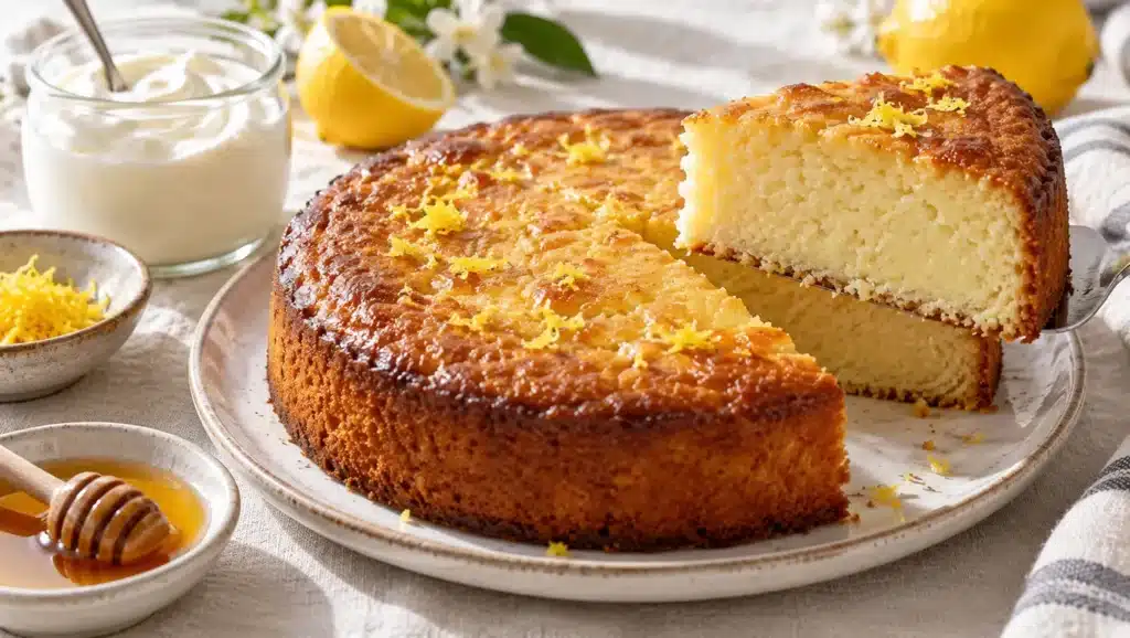 Gâteau au yaourt grec doré, part coupée montrant une mie dense et moelleuse, pot de yaourt grec et citron