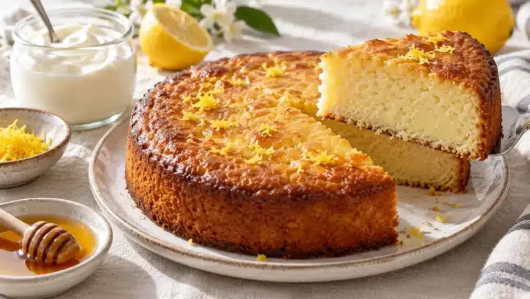 Gâteau au yaourt grec doré, part coupée montrant une mie dense et moelleuse, pot de yaourt grec et citron