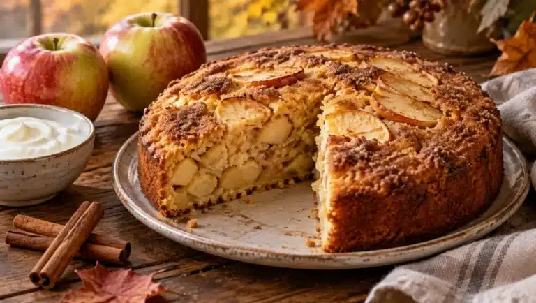 Gâteau au yaourt et aux pommes doré, part coupée montrant les dés de pomme fondants, cannelle et pommes à côté