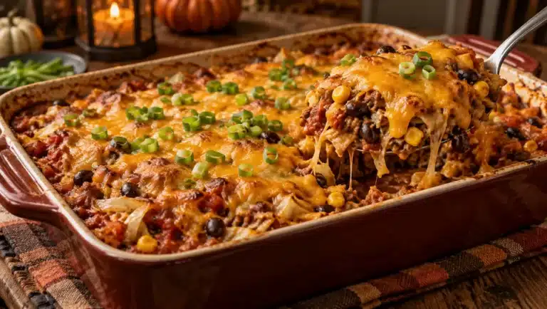 Gratin de chou au bœuf haché, haricots noirs et maïs sous un cheddar doré, oignons nouveaux