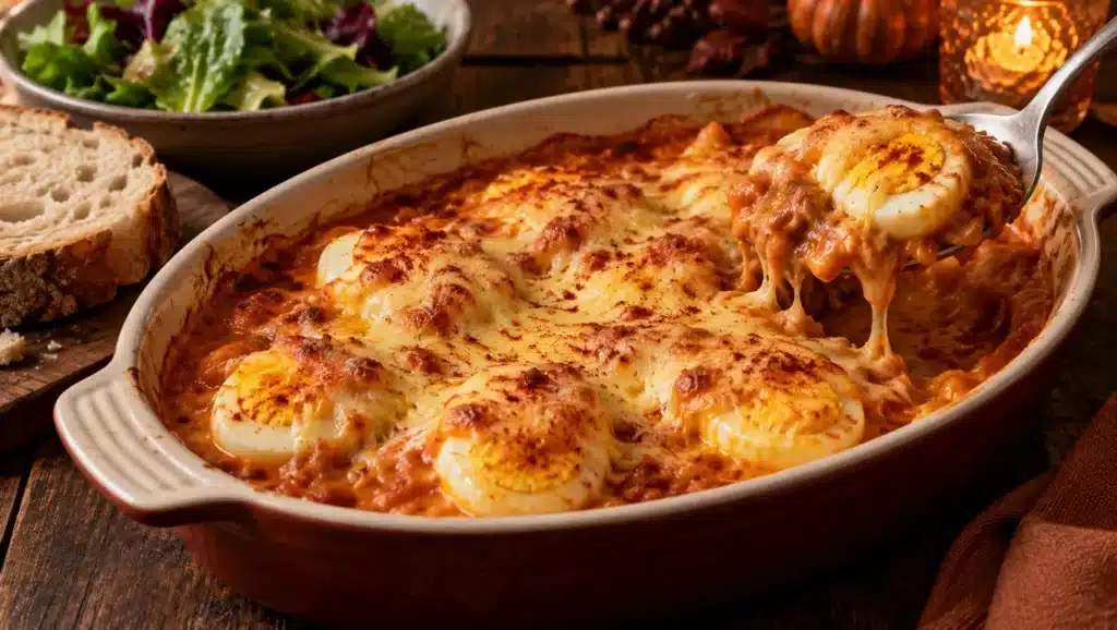 Gratin d'œufs durs dans une sauce tomate et crème au paprika, gratiné au fromage doré, façon hongroise