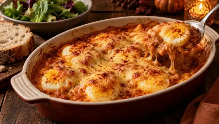 Gratin d'œufs durs dans une sauce tomate et crème au paprika, gratiné au fromage doré, façon hongroise