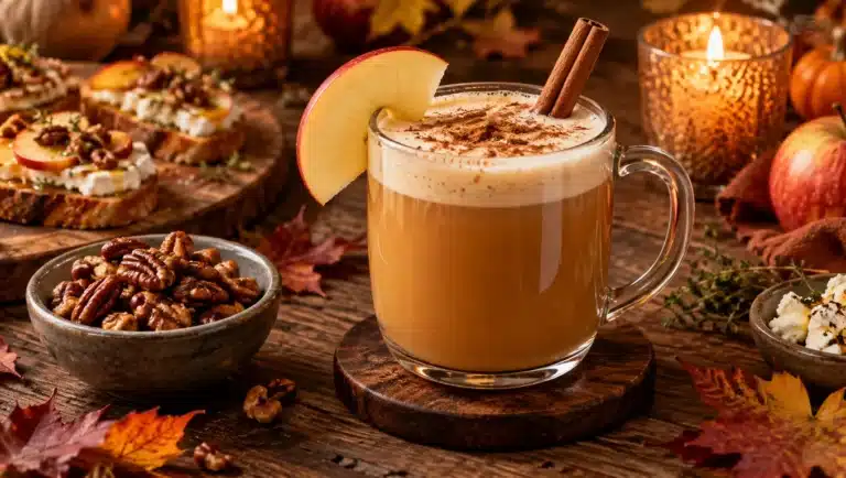 Mocktail chaud pomme caramel mousseux dans un mug en verre, cannelle et tranche de pomme, bouchées d'apéro