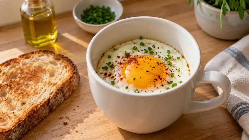 Œuf au plat cuit dans une tasse en céramique, jaune coulant, ciboulette et paprika, avec une tartine grillée