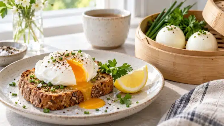 Œuf poché au jaune coulant sur une tartine de pain complet et œufs cuits à la vapeur dans un panier en bambou