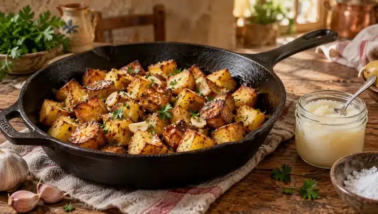 Pommes de terre sautées dorées et croustillantes dans une poêle en fonte, persil, ail et graisse de canard