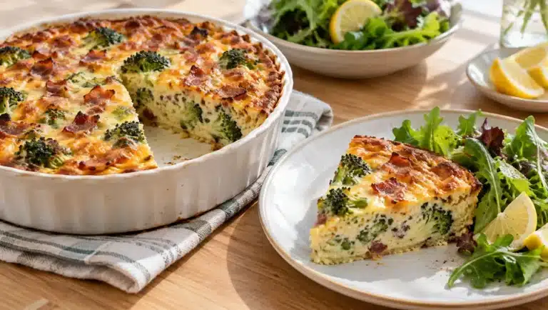 Quiche sans pâte au brocoli et à la pancetta, dessus gratiné au gruyère, part coupée au cœur moelleux