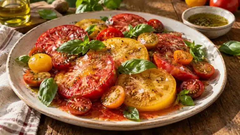 Salade de tomates anciennes tranchées, fleur de sel, huile d'olive et basilic, jus de tomate au fond de l'assiette