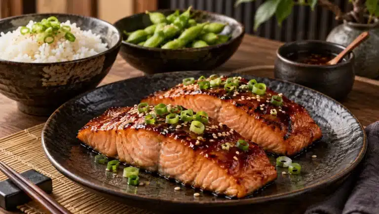 Pavés de saumon au four laqués au miso, sésame et oignon nouveau, riz blanc et edamame