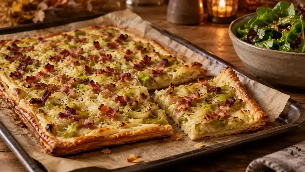 Tarte fine dorée aux poireaux fondus et aux lardons grillés, une part coupée montrant la pâte croustillante