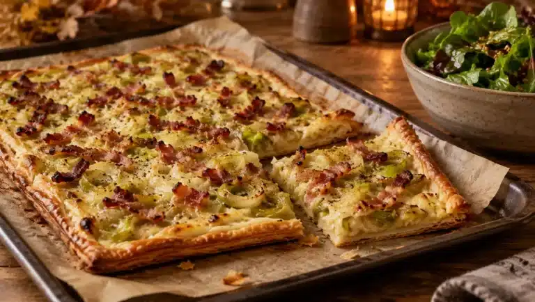 Tarte fine dorée aux poireaux fondus et aux lardons grillés, une part coupée montrant la pâte croustillante