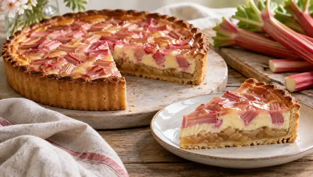 Tarte à la rhubarbe sur compote de pommes, part coupée montrant la couche de compote et l'appareil crémeux