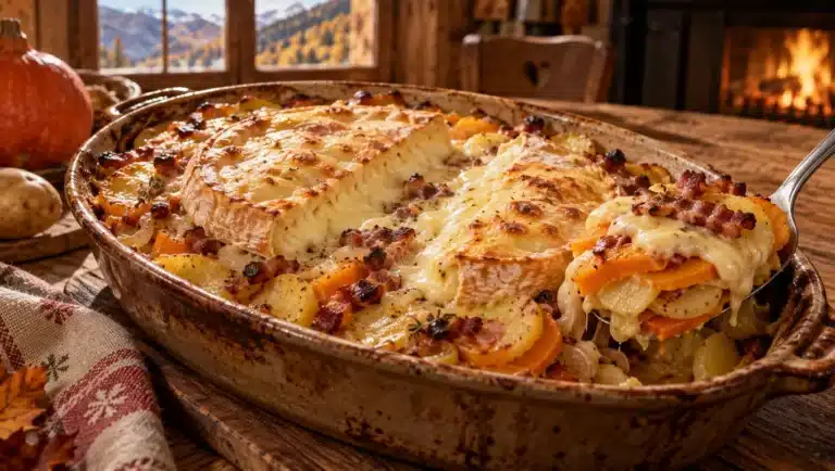 Tartiflette au potimarron gratinée au reblochon, tranches de courge orange et pommes de terre